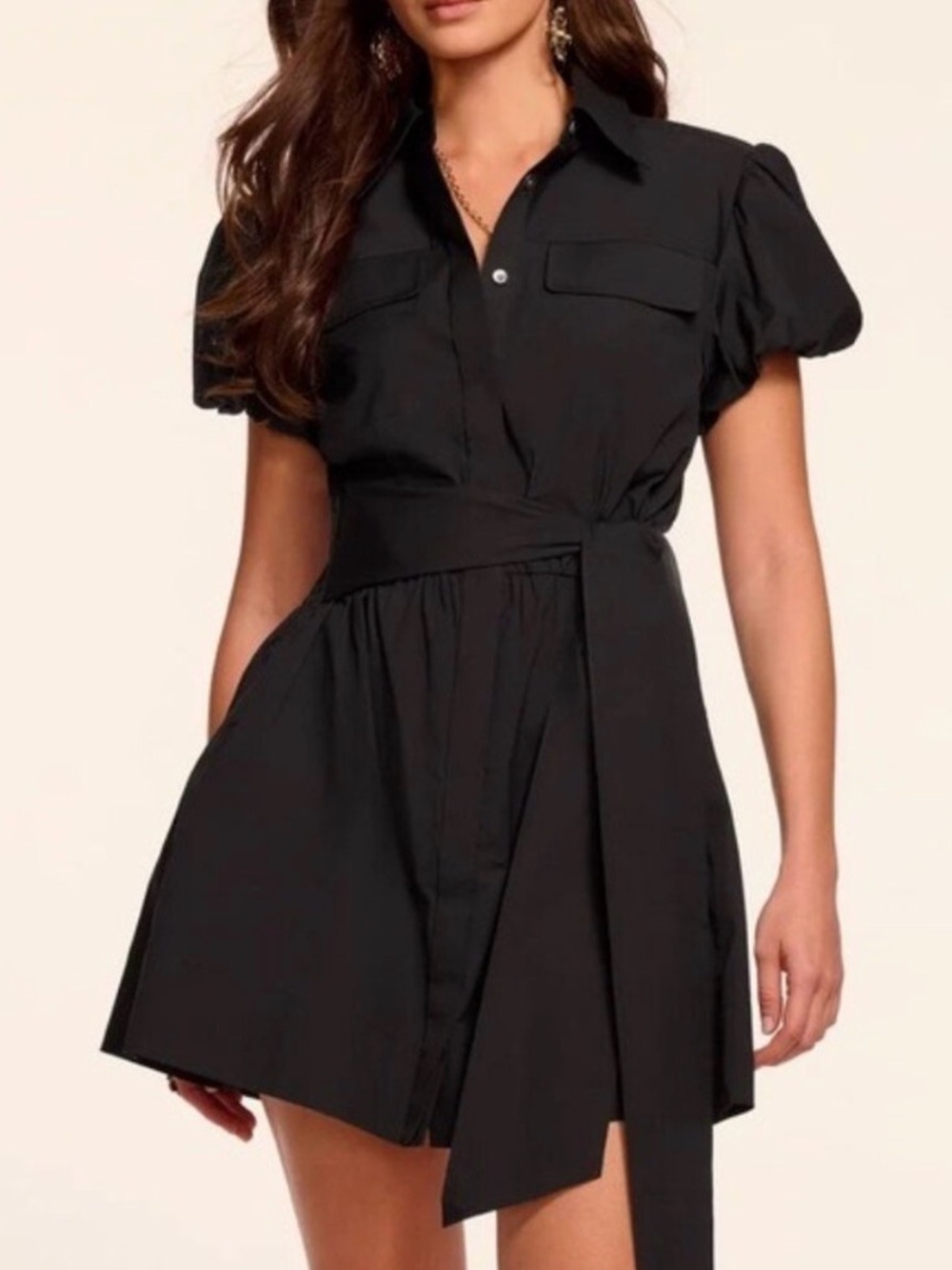 Ramy Brook Black Puff-Sleeve Shirt Mini Dress with Waist Tie Belt